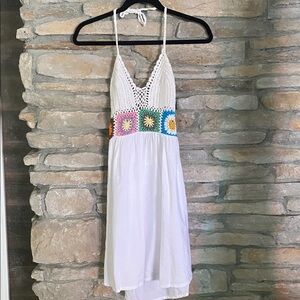 NWOT By The Sea Handmade crocheted White Halter Dress with vibrant colors. Large
